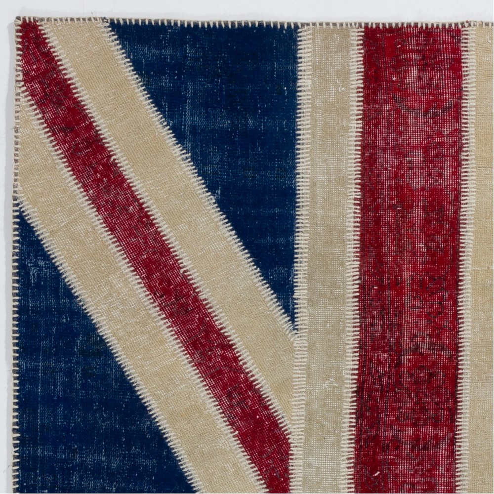 Union Jack British Flag Design Patchwork Rug | Vintage Hand-Knotted United Kingdom Flag Pattern Blue Carpet