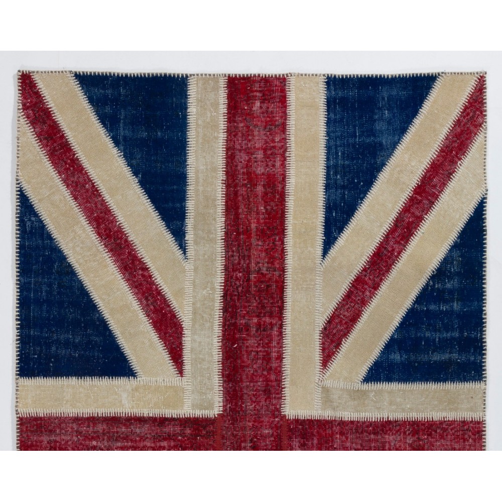Union Jack British Flag Design Hand-Knotted Patchwork Rug in Blue, Red and Cream. United Kingdom Carpet for Modern Home & Office