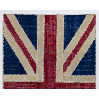 Union Jack British Flag Design Hand-Knotted Patchwork Rug in Blue, Red and Cream. United Kingdom Carpet for Modern Home & Office Union Jack British Flag Design Hand-Knotted Patchwork Rug in Blue, Red and Cream. United Kingdom Carpet for Modern Home & Office
