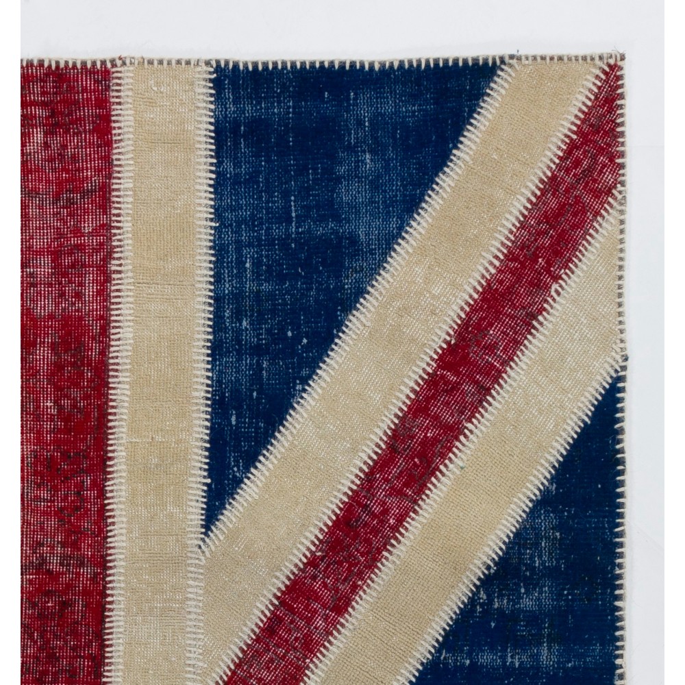 Union Jack British Flag Design Patchwork Rug | Vintage Hand-Knotted United Kingdom Flag Pattern Blue Carpet