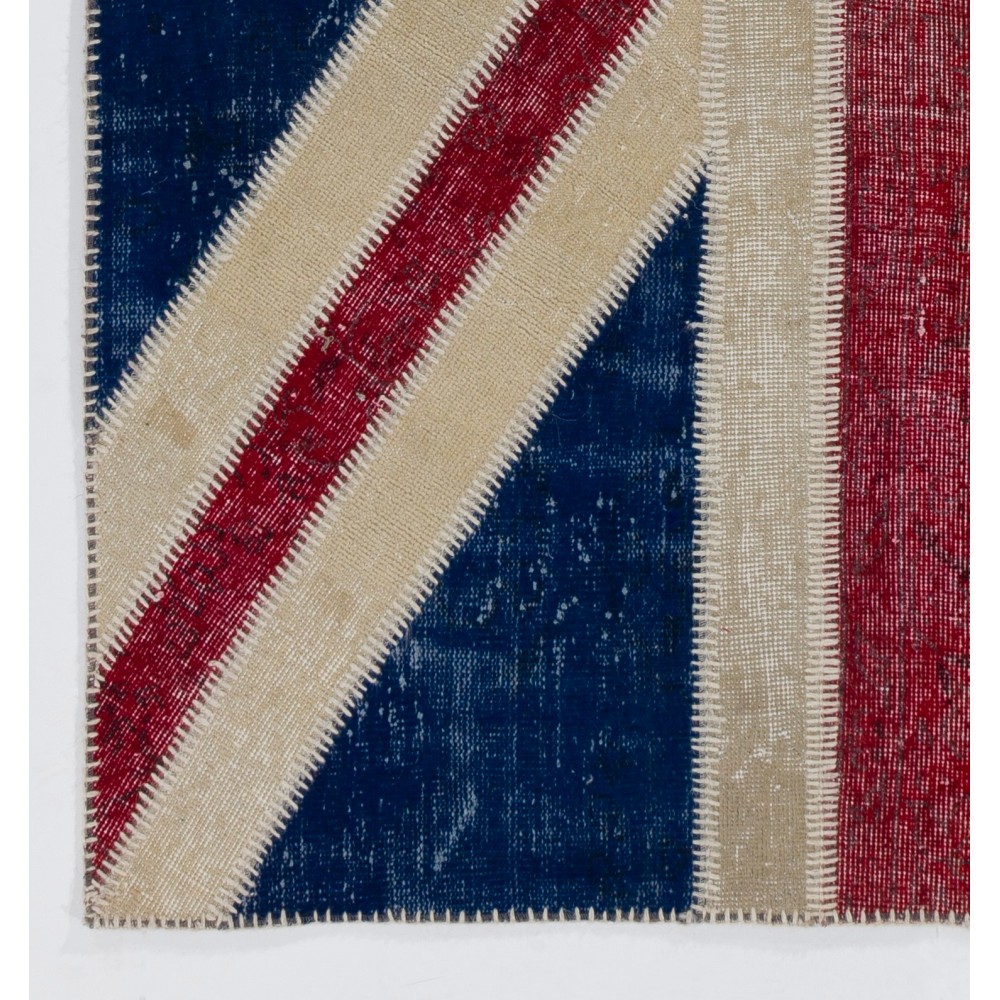 Union Jack British Flag Design Patchwork Rug | Vintage Hand-Knotted United Kingdom Flag Pattern Blue Carpet