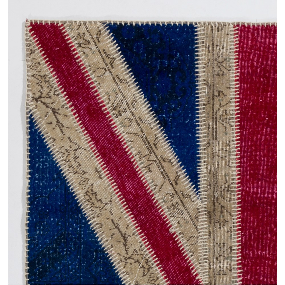 Union Jack British Flag Design Hand-Knotted Patchwork Rug in Blue, Red and Cream | United Kingdom Flag Pattern Carpet Union Jack British Flag Design Hand-Knotted Patchwork Rug in Blue, Red and Cream | United Kingdom Flag Pattern Carpet