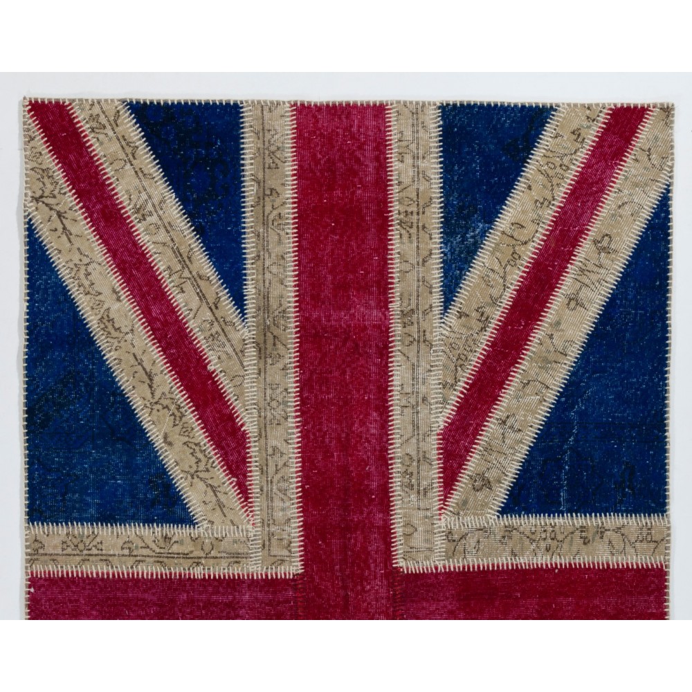 Union Jack British Flag Design Hand-Knotted Patchwork Rug in Blue, Red and Cream. United Kingdom Carpet for Modern Home & Office