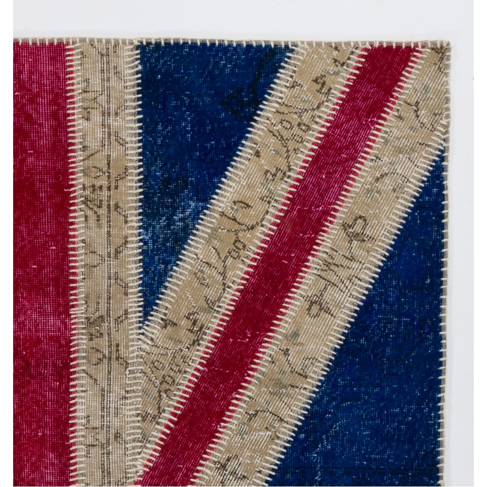 Union Jack British Flag Design Hand-Knotted Patchwork Rug in Blue, Red and Cream | United Kingdom Flag Pattern Carpet Union Jack British Flag Design Hand-Knotted Patchwork Rug in Blue, Red and Cream | United Kingdom Flag Pattern Carpet