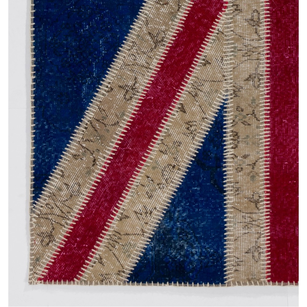 Union Jack British Flag Design Hand-Knotted Patchwork Rug in Blue, Red and Cream | United Kingdom Flag Pattern Carpet Union Jack British Flag Design Hand-Knotted Patchwork Rug in Blue, Red and Cream | United Kingdom Flag Pattern Carpet