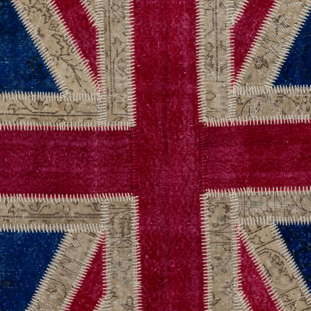 Union Jack British Flag Design Hand-Knotted Patchwork Rug in Blue, Red and Cream | United Kingdom Flag Pattern Carpet Union Jack British Flag Design Hand-Knotted Patchwork Rug in Blue, Red and Cream | United Kingdom Flag Pattern Carpet