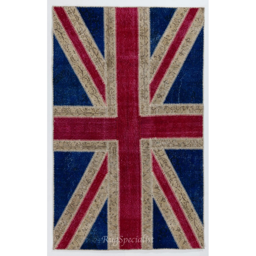 Union Jack British Flag Design Hand-Knotted Patchwork Rug in Blue, Red and Cream. United Kingdom Carpet for Modern Home & Office