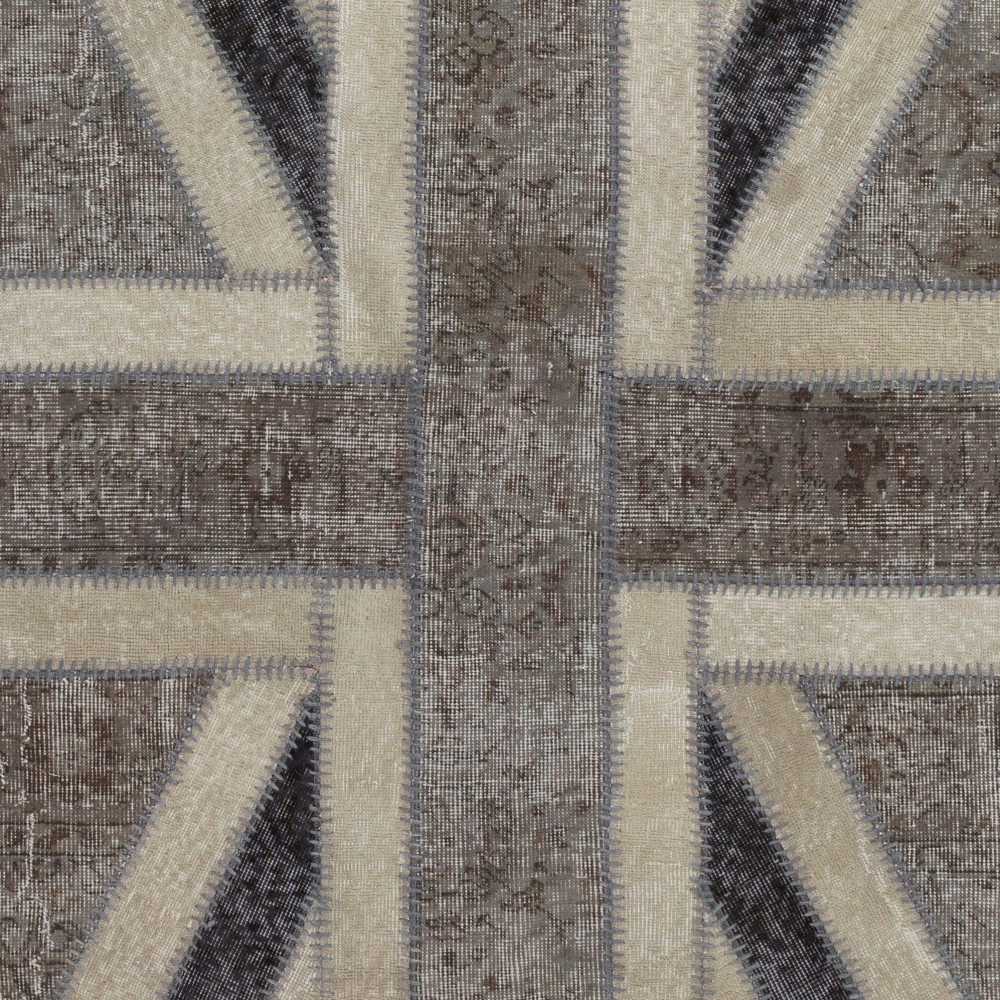 Union Jack British Flag Design Patchwork Rug | Vintage Hand-Knotted United Kingdom Flag Pattern Gray Carpet Union Jack British Flag Design Patchwork Rug | Vintage Hand-Knotted United Kingdom Flag Pattern Gray Carpet