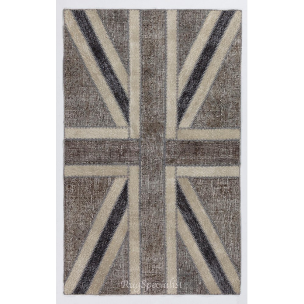 Union Jack British Flag Design Patchwork Rug Made from Re-Dyed Vintage Carpets