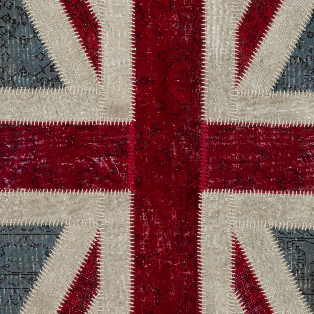 Union Jack British Flag Design Patchwork Rug Made from Re-Dyed Vintage Carpets Union Jack British Flag Design Patchwork Rug Made from Re-Dyed Vintage Carpets