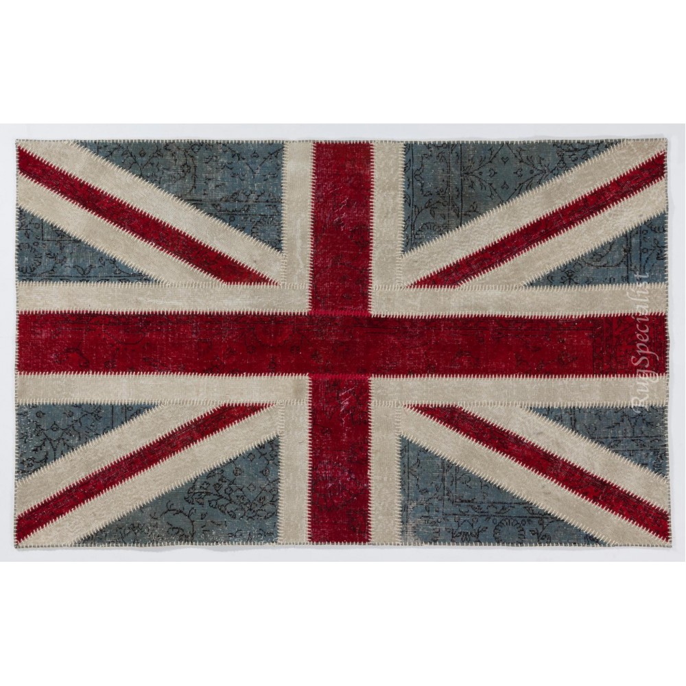 Union Jack British Flag Design Patchwork Rug Made from Re-Dyed Vintage Carpets