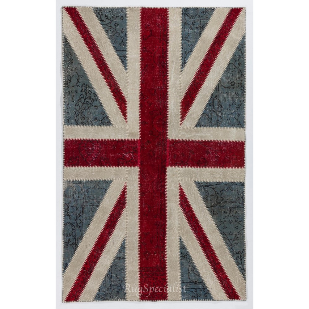 Union Jack British Flag Design Patchwork Rug Made from Re-Dyed Vintage Carpets