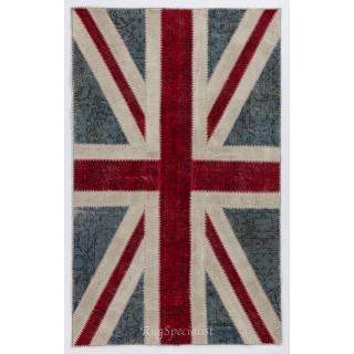 Union Jack British Flag Design Patchwork Rug Made from Re-Dyed Vintage Carpets