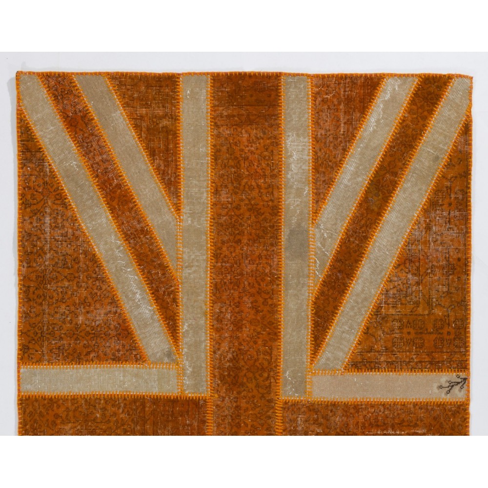 Union Jack British Flag Design Rug. Handmade Patchwork Rug in Orange and Beige. United Kingdom Carpet for Modern Home & Office
