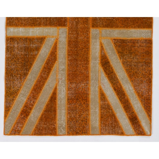 Union Jack British Flag Design Rug. Handmade Patchwork Rug in Orange and Beige. United Kingdom Carpet for Modern Home & Office