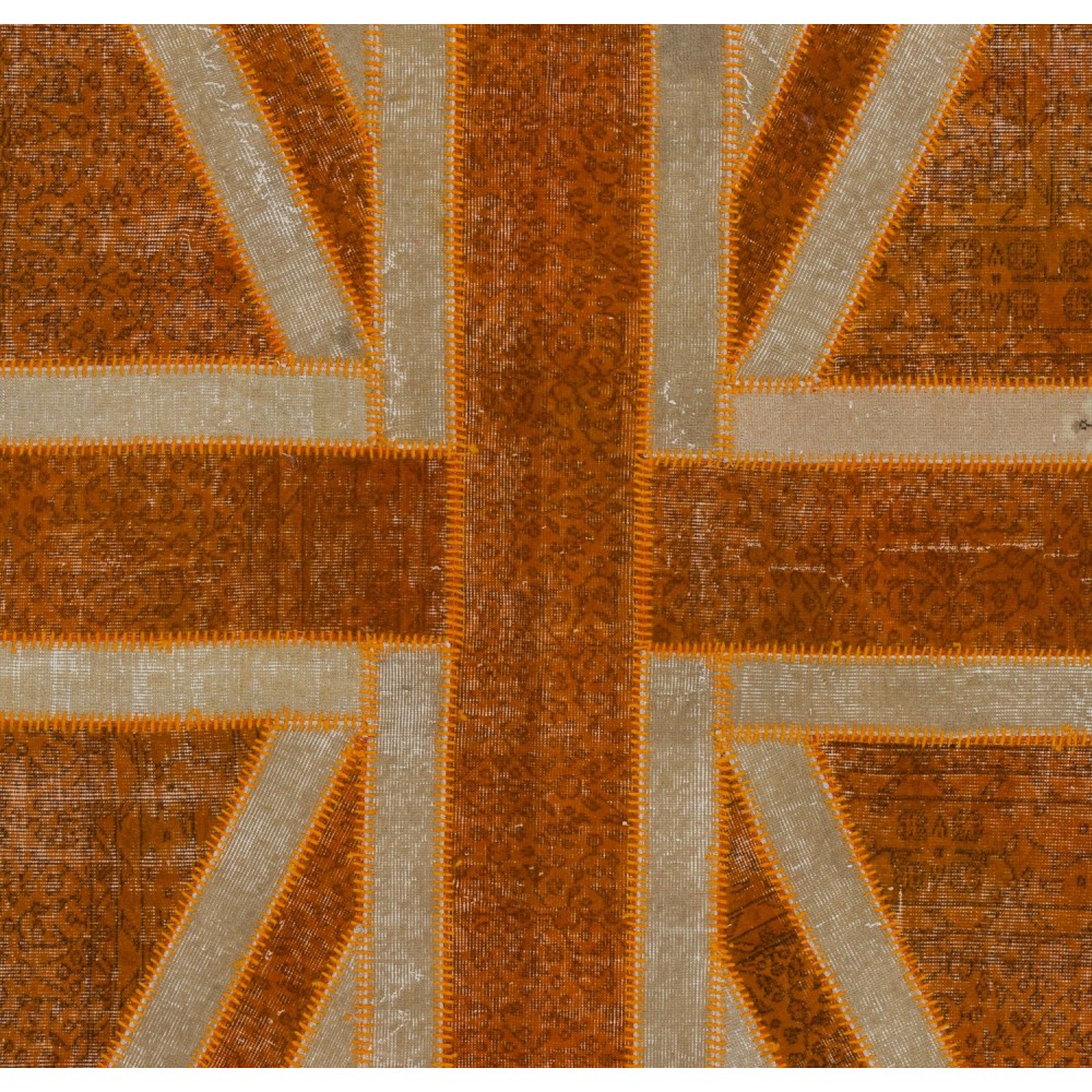 Union Jack British Flag Design Rug. Handmade Patchwork Rug in Orange and Beige. United Kingdom Carpet for Modern Home & Office