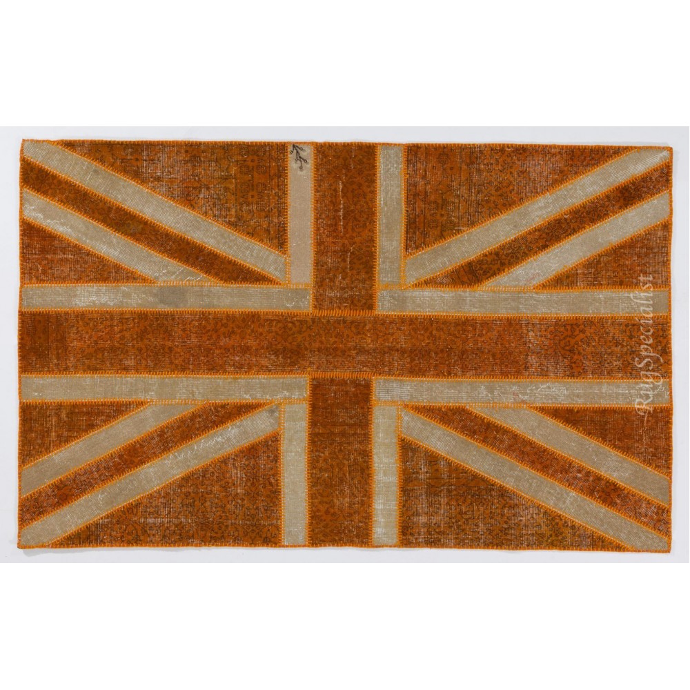 Union Jack British Flag Design Rug. Handmade Patchwork Rug in Orange and Beige. United Kingdom Carpet for Modern Home & Office