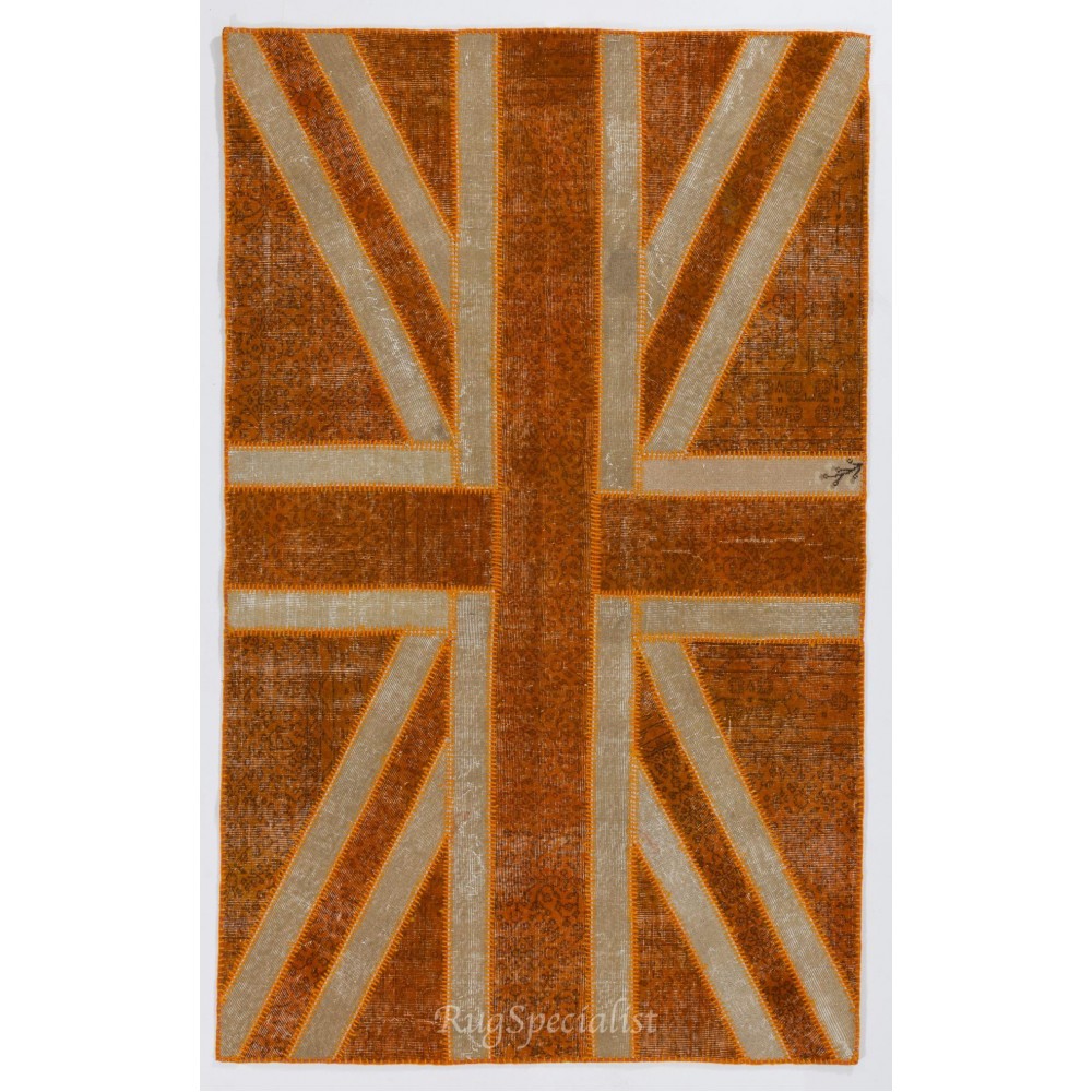 Union Jack British Flag Design Rug. Handmade Patchwork Rug in Orange and Beige. United Kingdom Carpet for Modern Home & Office