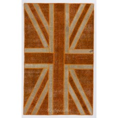 Union Jack British Flag Design Rug. Handmade Patchwork Rug in Orange and Beige. United Kingdom Carpet for Modern Home & Office