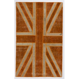 Union Jack British Flag Design Rug. Handmade Patchwork Rug in Orange and Beige. United Kingdom Carpet for Modern Home & Office