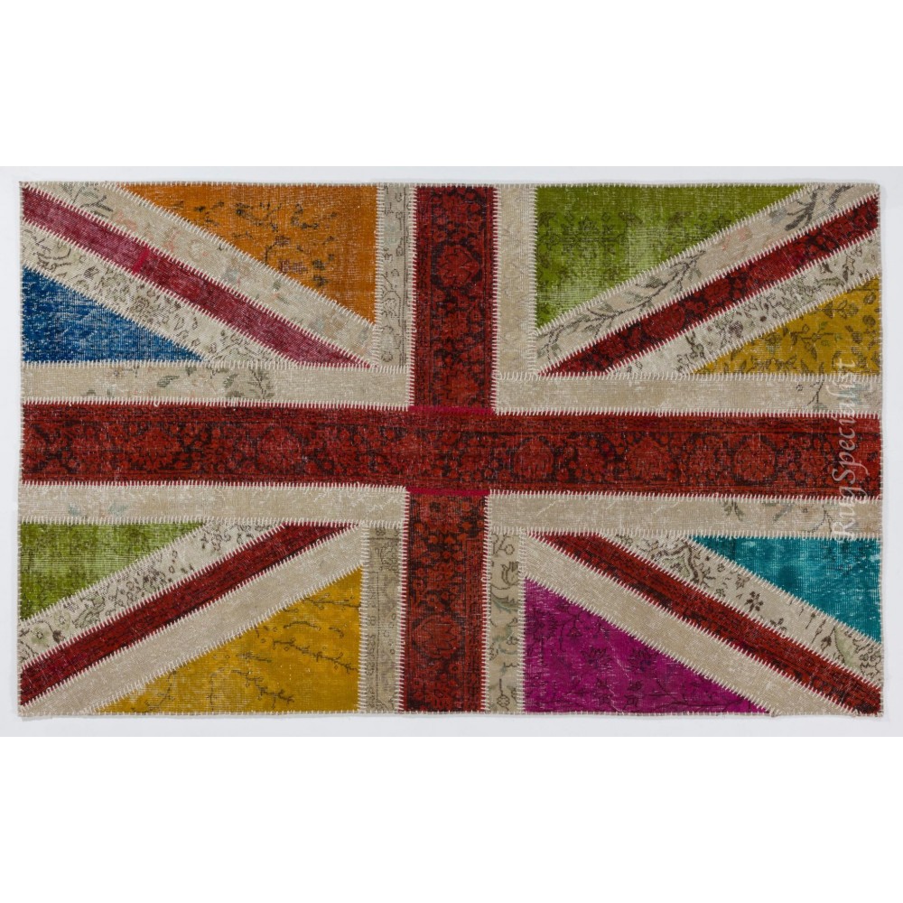 Union Jack British Flag Design Rug. Multicolor Handmade Patchwork Rug. United Kingdom Carpet for Modern Home & Office