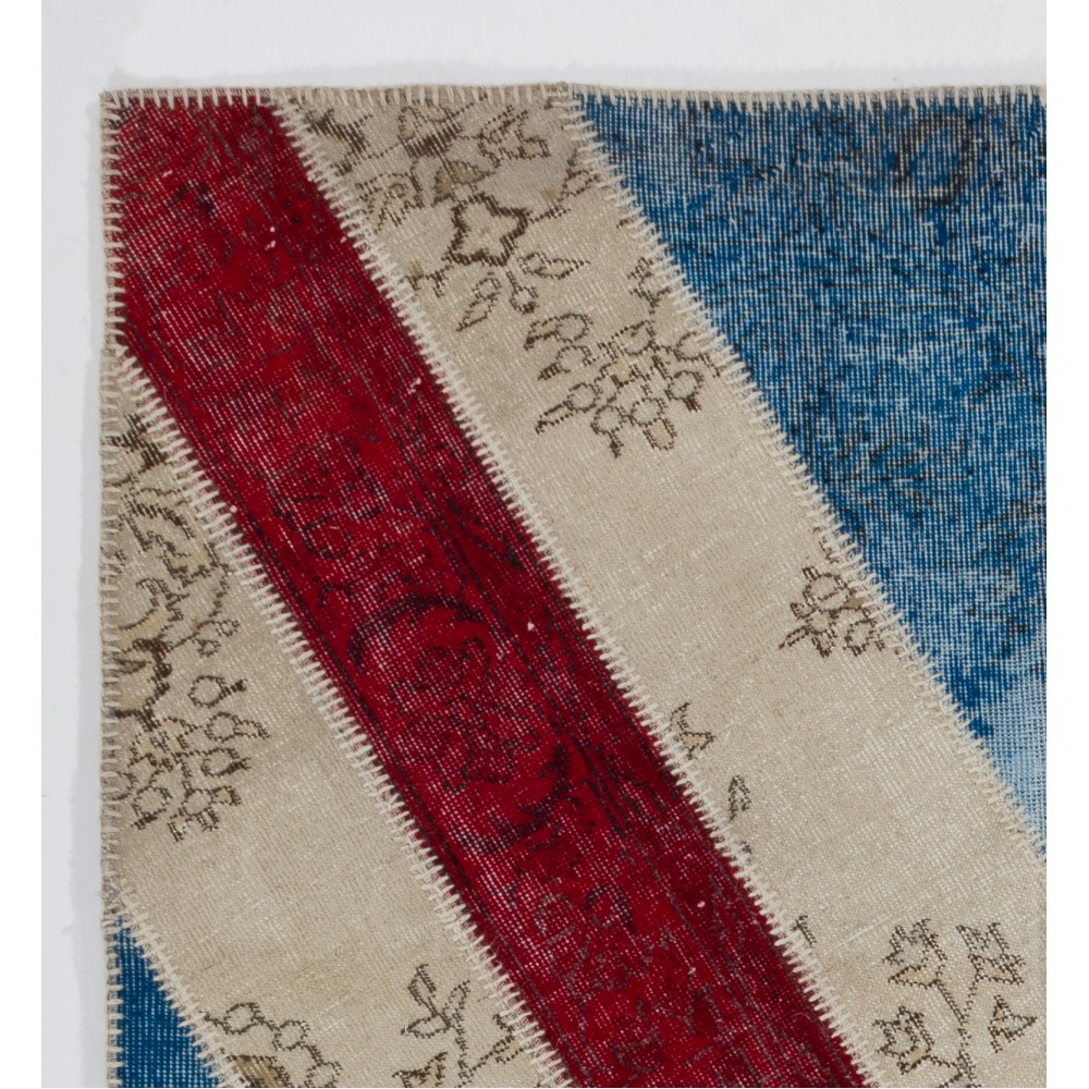 Contemporary Blue Patchwork Rug with Red Stripe | Handmade Geometric Diagonal Pattern Overdyed Wool Carpet