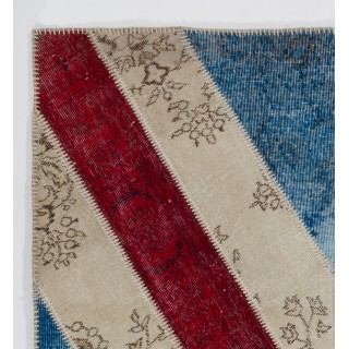 Contemporary Blue Patchwork Rug with Red Stripe | Handmade Geometric Diagonal Pattern Overdyed Wool Carpet