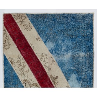 Central Anatolian Handmade Patchwork Rug in Blue, Beige and Red Colors, Modern Wool Carpet Central Anatolian Handmade Patchwork Rug in Blue, Beige and Red Colors, Modern Wool Carpet