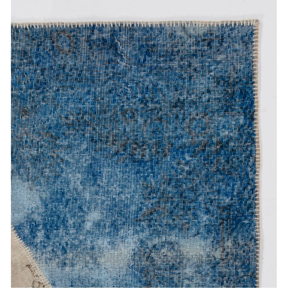 Contemporary Blue Patchwork Rug with Red Stripe | Handmade Geometric Diagonal Pattern Overdyed Wool Carpet