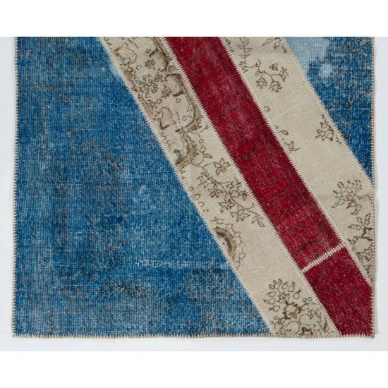 Central Anatolian Handmade Patchwork Rug in Blue, Beige and Red Colors, Modern Wool Carpet