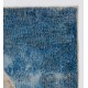 Contemporary Blue Patchwork Rug with Red Stripe | Handmade Geometric Diagonal Pattern Overdyed Wool Carpet