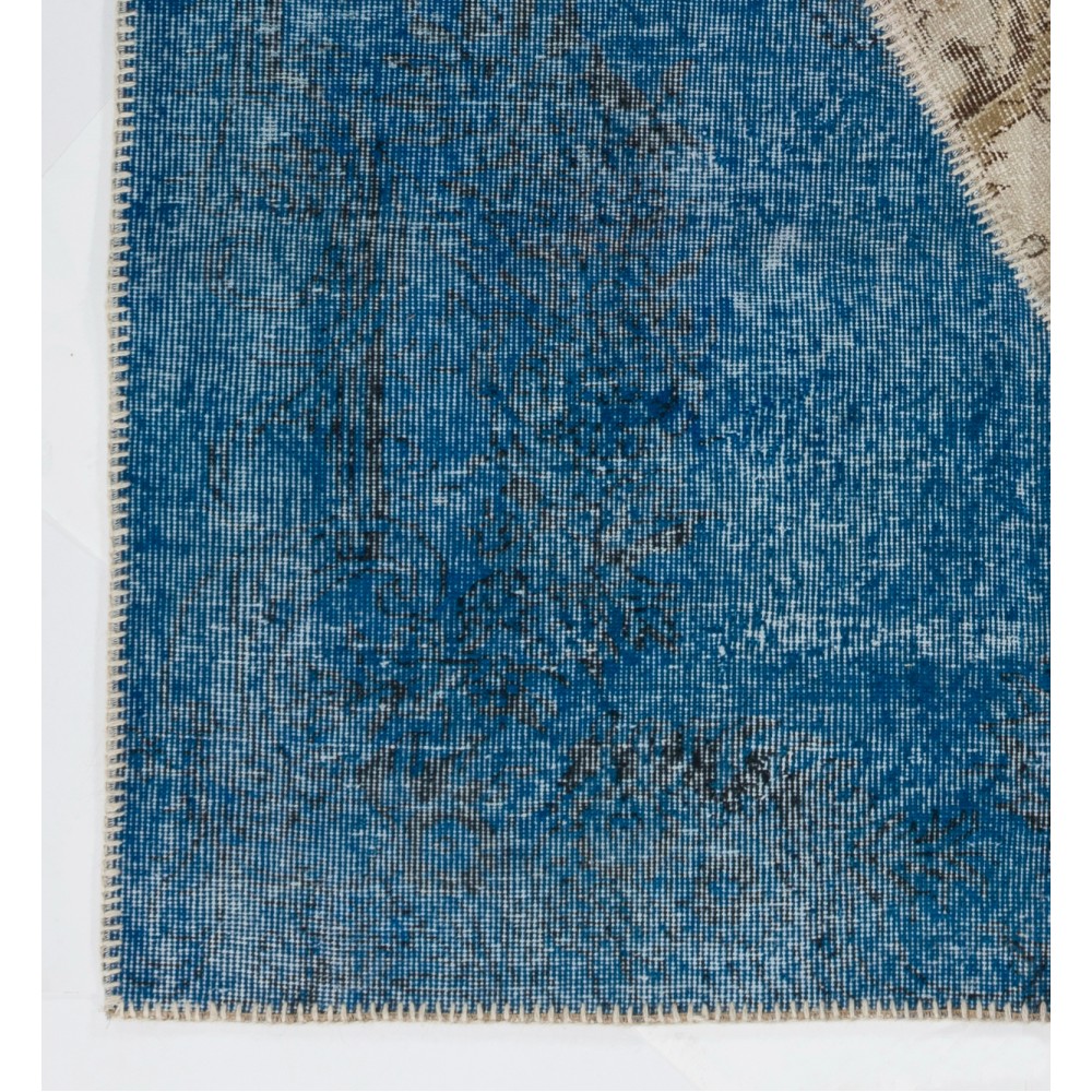 Contemporary Blue Patchwork Rug with Red Stripe | Handmade Geometric Diagonal Pattern Overdyed Wool Carpet