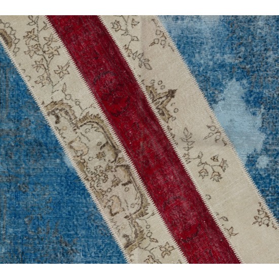 Central Anatolian Handmade Patchwork Rug in Blue, Beige and Red Colors, Modern Wool Carpet