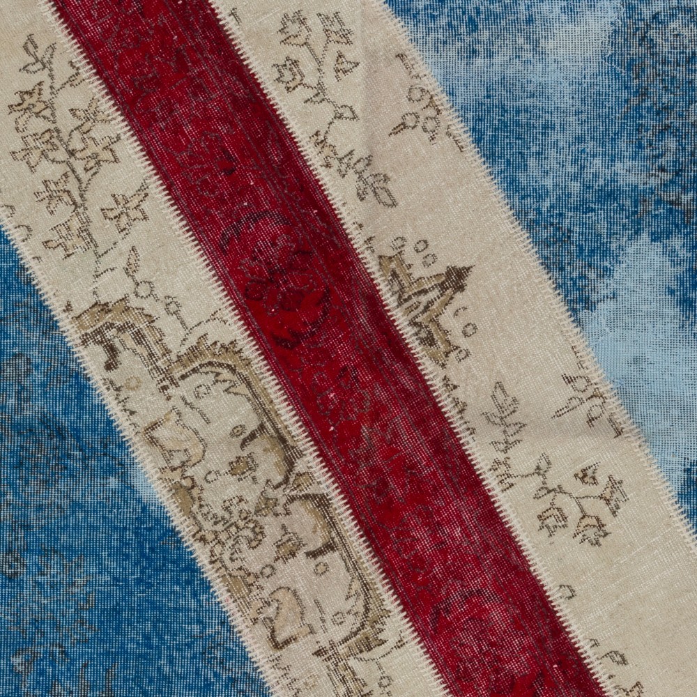 Contemporary Blue Patchwork Rug with Red Stripe | Handmade Geometric Diagonal Pattern Overdyed Wool Carpet