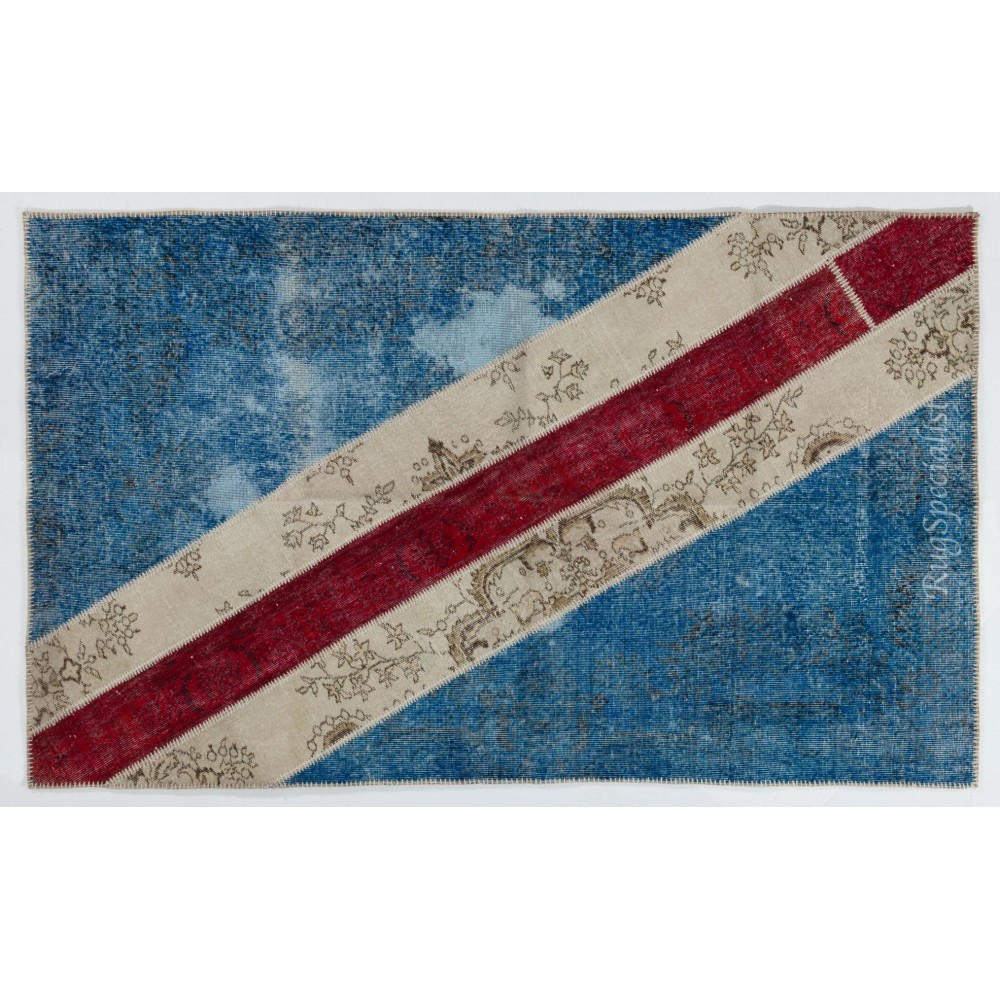 Central Anatolian Handmade Patchwork Rug in Blue, Beige and Red Colors, Modern Wool Carpet