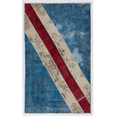 Central Anatolian Handmade Patchwork Rug in Blue, Beige and Red Colors, Modern Wool Carpet