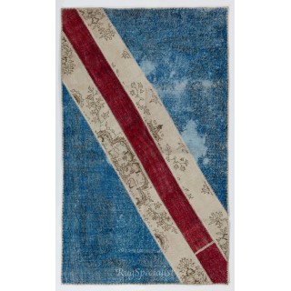 Central Anatolian Handmade Patchwork Rug in Blue, Beige and Red Colors, Modern Wool Carpet
