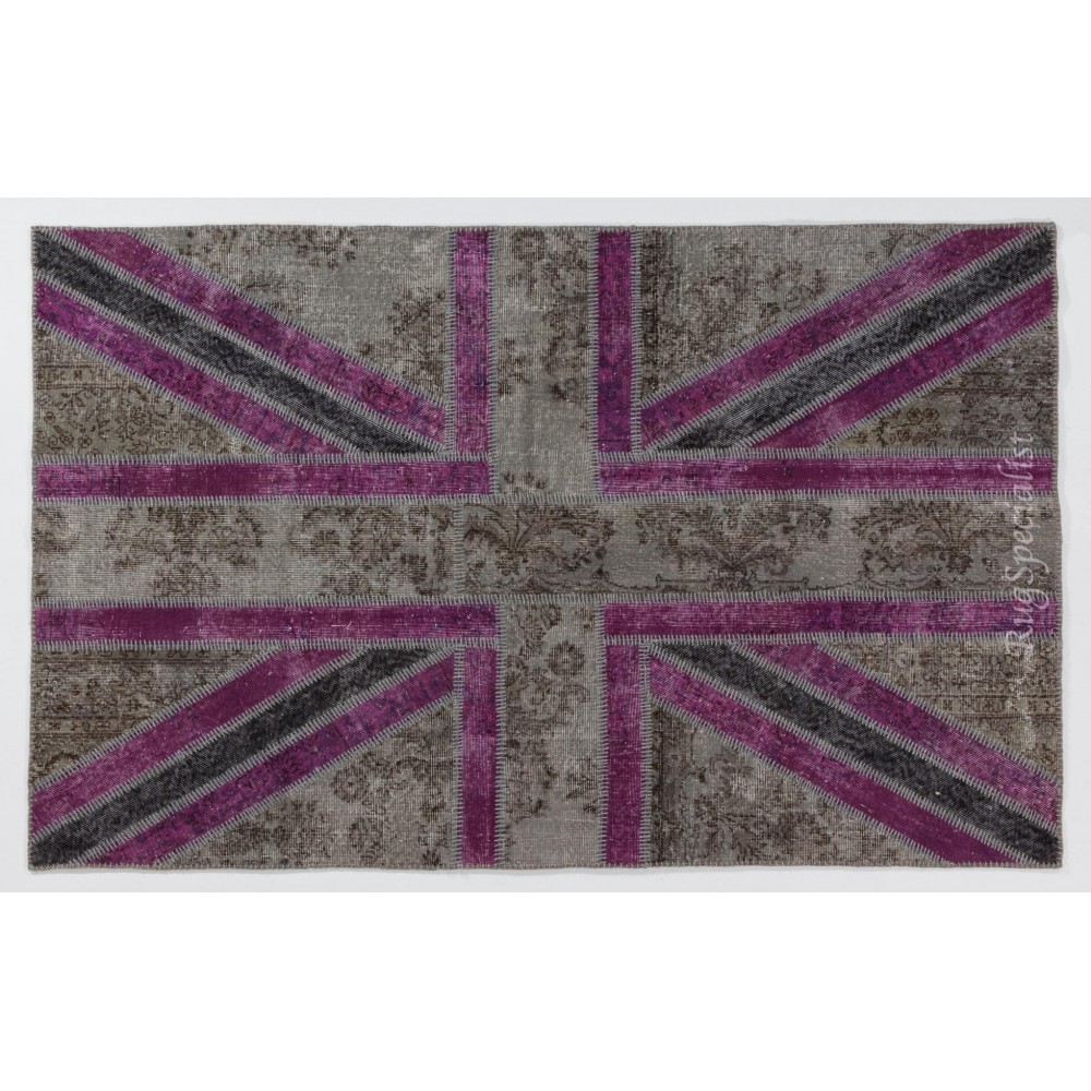 Union Jack British Flag Design Patchwork Rug Made from Re-Dyed Vintage Carpets