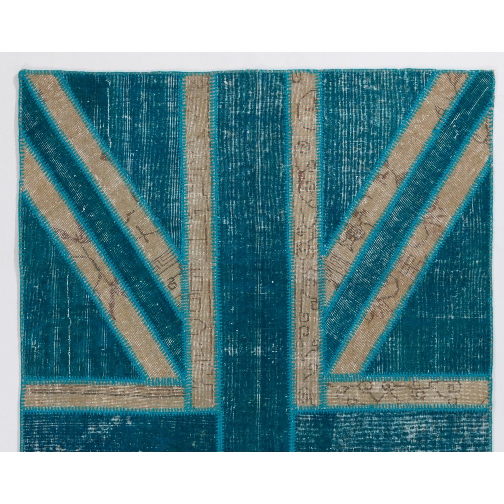 Union Jack British Flag Design Rug, Modern Handmade Patchwork Rug in Teal Blue, Beige and Turquoise Colors, United Kingdom Carpet
