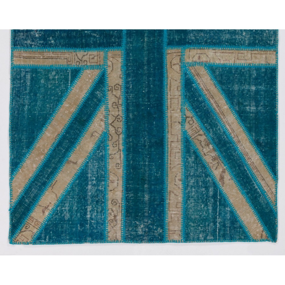 Union Jack British Flag Design Rug, Modern Handmade Patchwork Rug in Teal Blue, Beige and Turquoise Colors, United Kingdom Carpet