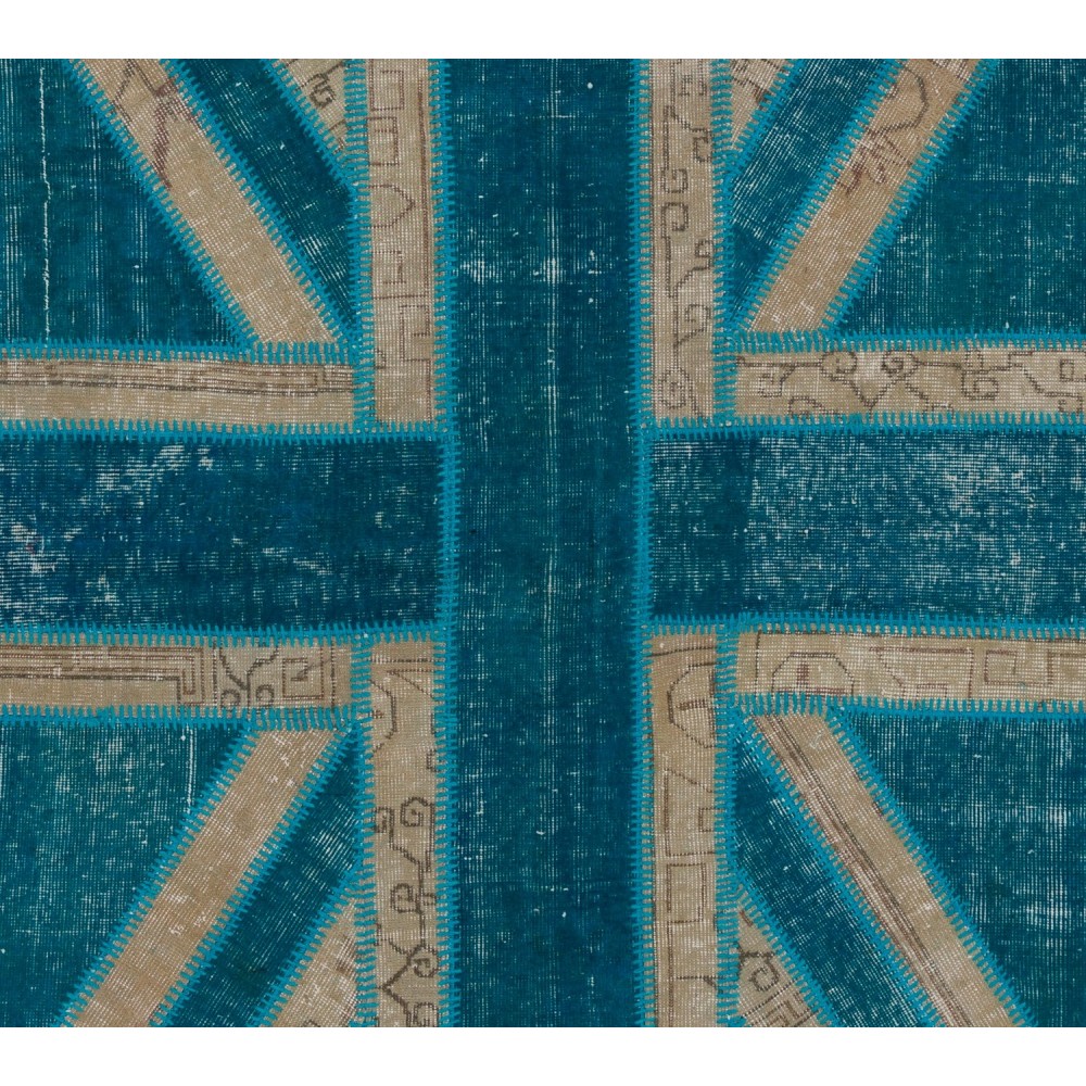 Union Jack British Flag Design Rug, Modern Handmade Patchwork Rug in Teal Blue, Beige and Turquoise Colors, United Kingdom Carpet