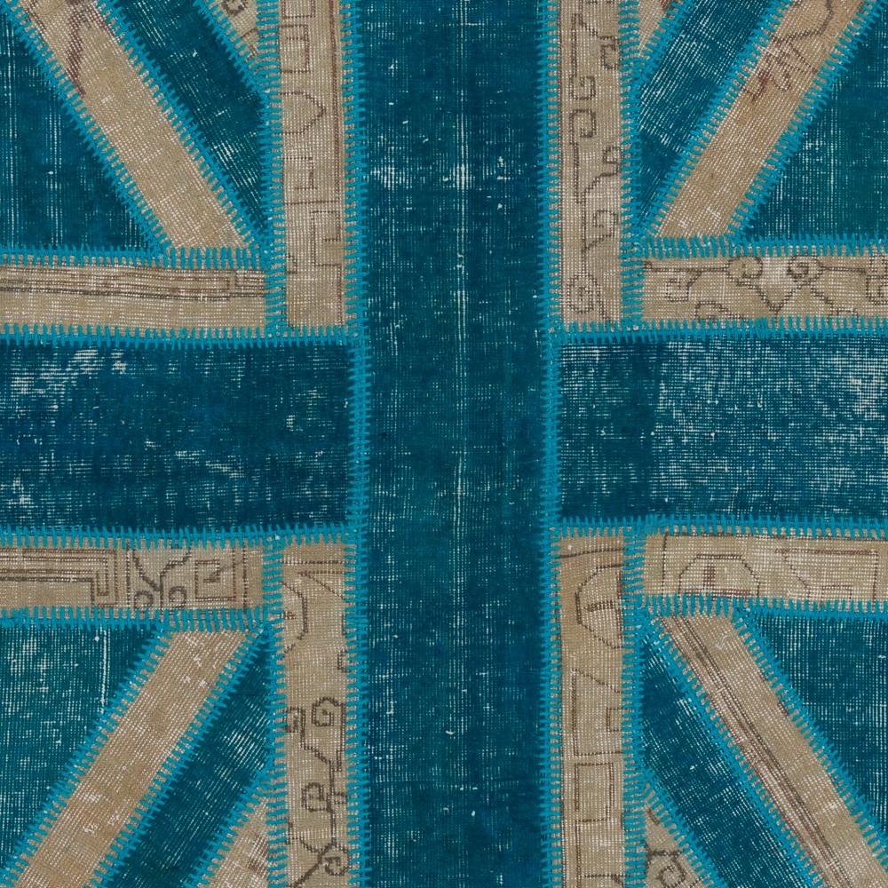 Teal Blue Union Jack British Flag Patchwork Rug | Vintage Hand-Knotted UK Flag Pattern Wool Carpet Teal Blue Union Jack British Flag Patchwork Rug | Vintage Hand-Knotted UK Flag Pattern Wool Carpet