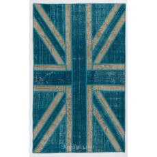 Union Jack British Flag Design Rug, Modern Handmade Patchwork Rug in Teal Blue, Beige and Turquoise Colors, United Kingdom Carpet