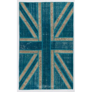 Union Jack British Flag Design Rug, Modern Handmade Patchwork Rug in Teal Blue, Beige and Turquoise Colors, United Kingdom Carpet