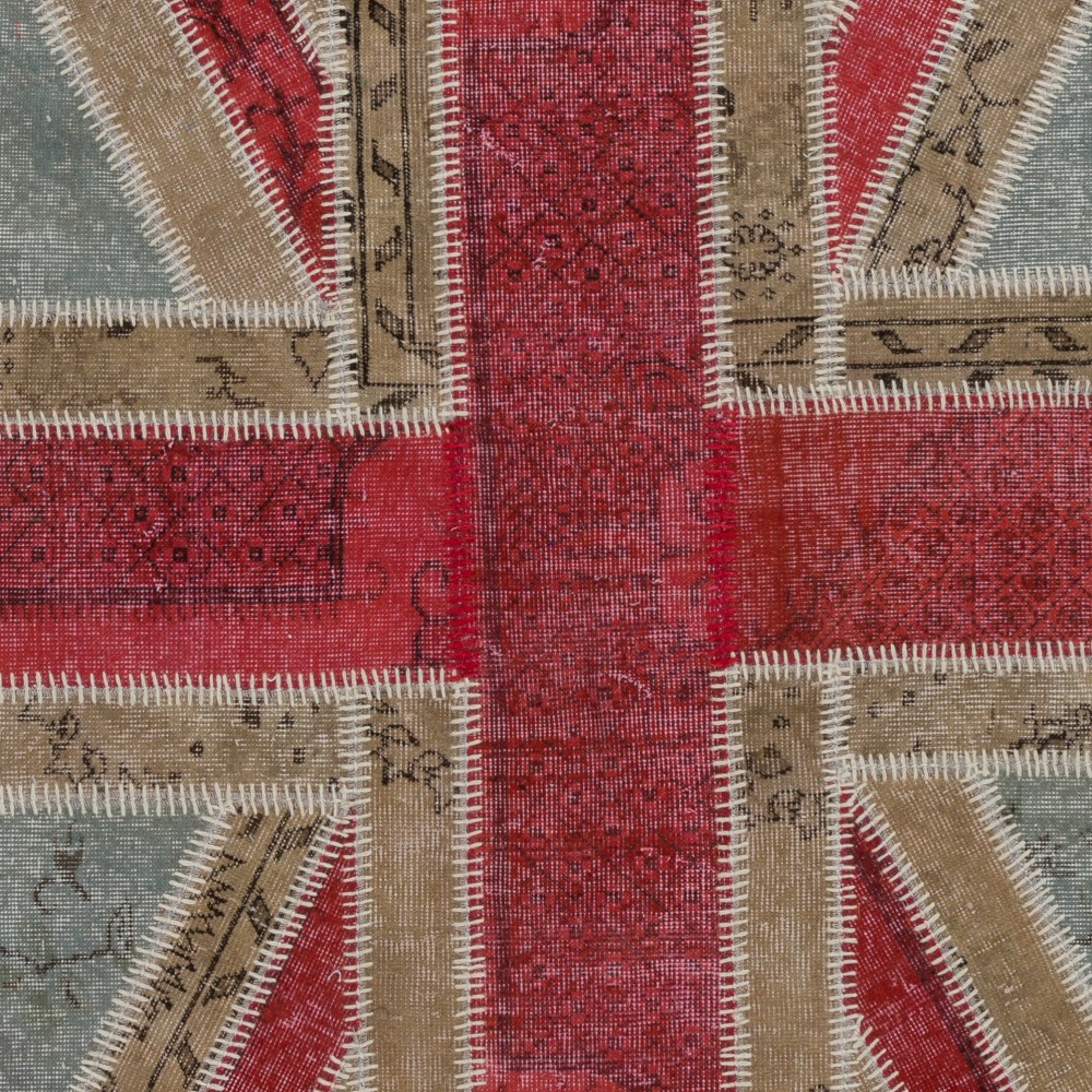 Union Jack British Flag Design Hand-Knotted Patchwork Rug in Blue, Red and Cream | United Kingdom Pattern Carpet Union Jack British Flag Design Hand-Knotted Patchwork Rug in Blue, Red and Cream | United Kingdom Pattern Carpet