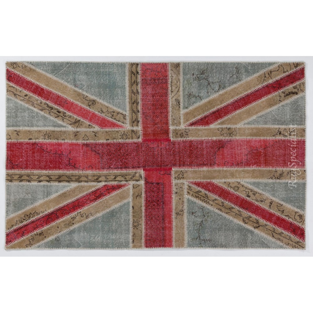 Union Jack British Flag Design Hand-Knotted Patchwork Rug in Blue, Red and Cream. United Kingdom Carpet for Modern Home & Office