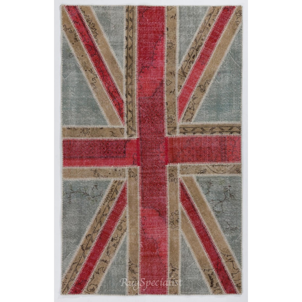 Union Jack British Flag Design Hand-Knotted Patchwork Rug in Blue, Red and Cream. United Kingdom Carpet for Modern Home & Office