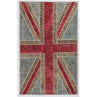 Union Jack British Flag Design Hand-Knotted Patchwork Rug in Blue, Red and Cream. United Kingdom Carpet for Modern Home & Office