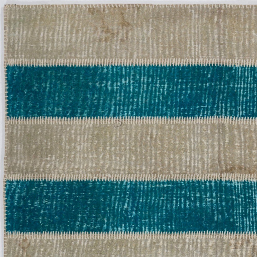 Contemporary Teal Blue and Beige Striped Patchwork Rug | Hand-Knotted Turkish Redyed Carpet