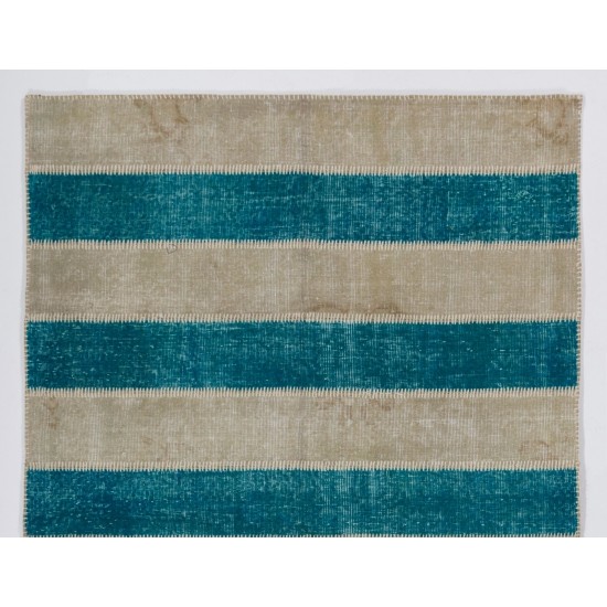 Central Anatolian Handmade Patchwork Rug in Beige and Teal Blue Colors, High Quality Wool Carpet